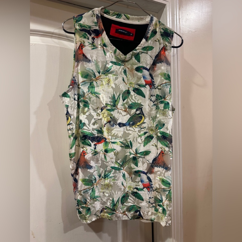 Tropical Bird and Leaf Print Sleeveless Top